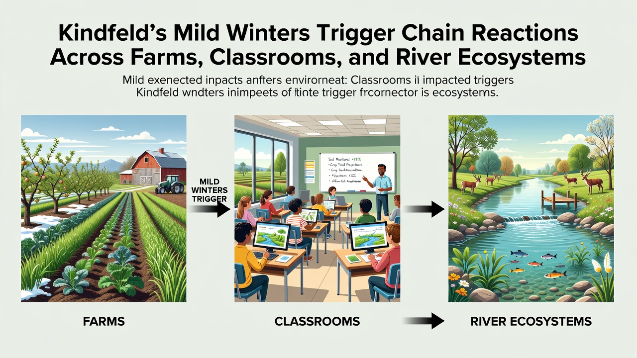 Kindfeld river ecosystem with reduced ice cover and early aquatic plant growth along the banks