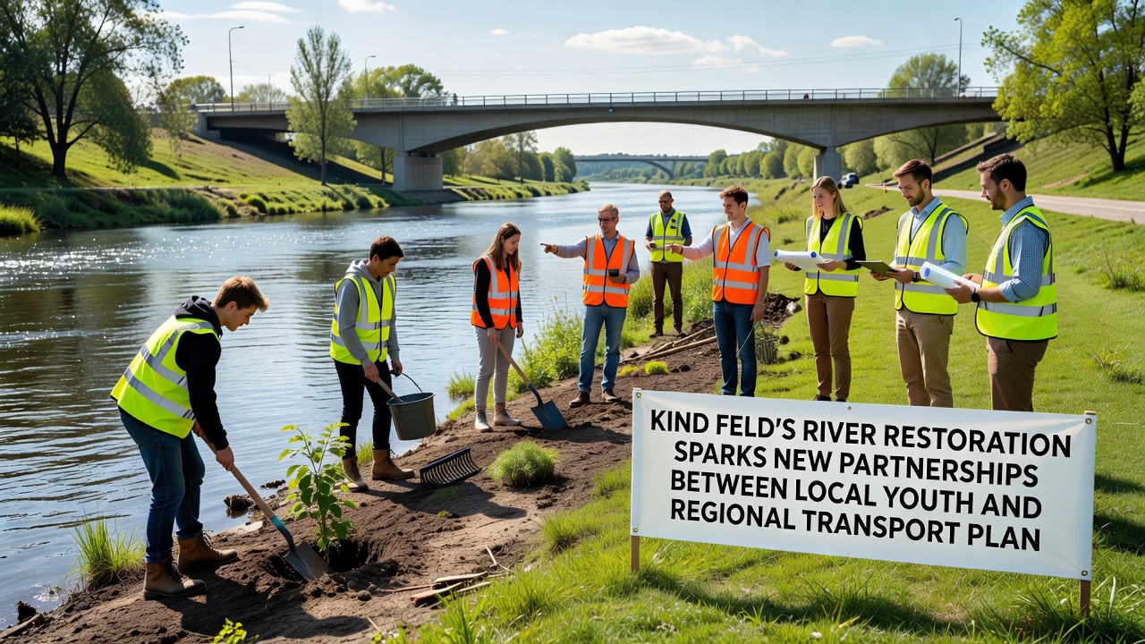 Group of young volunteers working alongside transport engineers on riverbank stabilization near Kindfeld