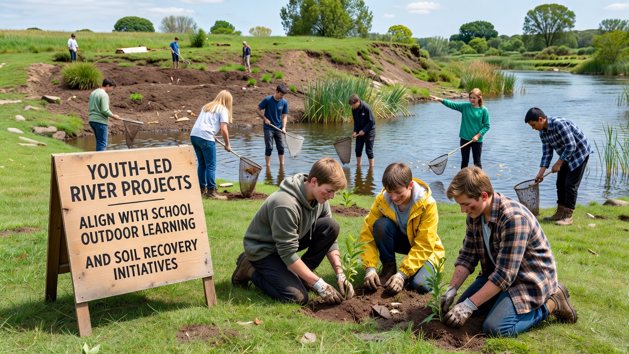 Aerial view of students planting riparian vegetation as part of an integrated soil and river recovery project